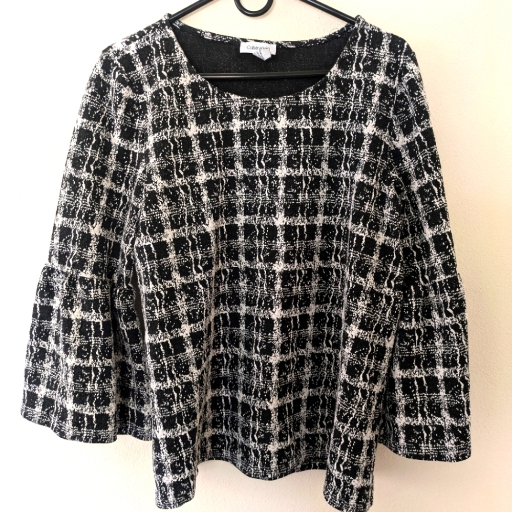 Calvin Klein Black and White Bell Sleeve Blouse Women's size L